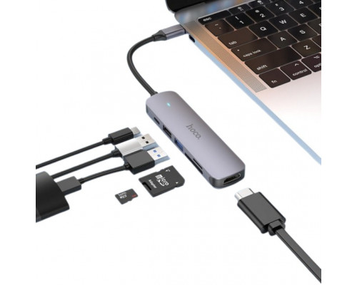 Type-C HUB Hoco HB28 Type-C to HDTV+2USB+SD+TF+PD Metal Gray