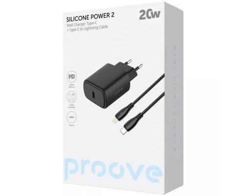 Сетевое зарядное устройство Proove Silicone Power 2 20W (Type-C) + Cable Type-C to Lightning (1m) Black (WCSP22010001)