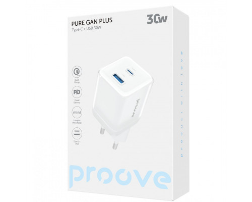 Мережевий зарядний пристрій Proove Pure GaN Plus 30W (Type-C + USB) White (WCPU30111202)