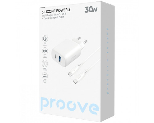 Мережевий зарядний пристрій Proove Silicone Power 2 30W (Type-C + USB) + кабель Type-C to Type-C (1m) White (WCSP23011002)