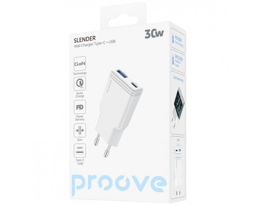 Сетевое зарядное устройство Proove Slender 30W Type-C+USB White (WCSL30110002)