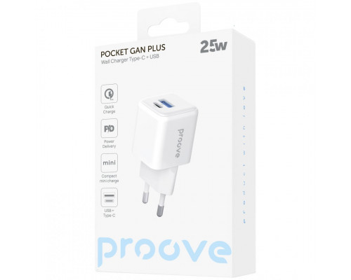 Мережевий зарядний пристрій Proove Pocket GaN Plus 25W Type-C+USB White (WCPG25111202)