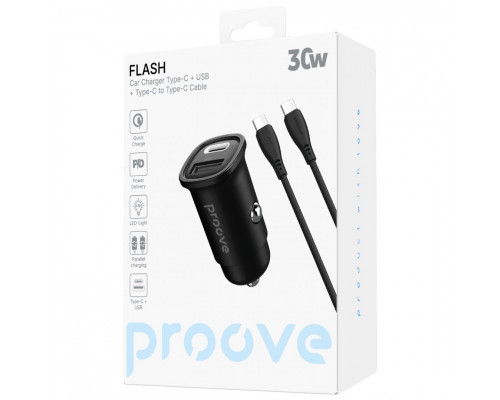 Автомобильное зарядное устройство Proove Flash 30W (Type-C + USB) + кабель Type-C to Type-C Black (CCFC30111201)