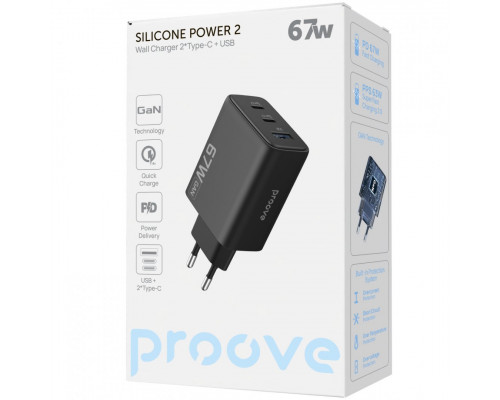 Сетевое зарядное устройство Proove Silicone Power 2 67W (2 Type-C + USB) Black (WCSP26120001)