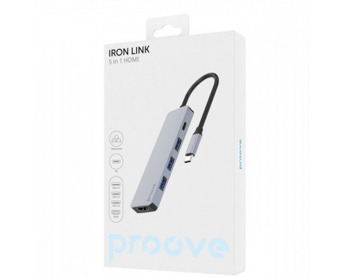 Type-C хаб Proove Iron Link 5 in 1 (3*USB3.0 + Type C + HDMI) Silver (HBIL00010604)