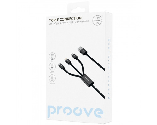 Кабель Proove Triple Connection 3 in 1 Type-C + Micro USB + Lightning (1.3m) Black (CCTC15001501)