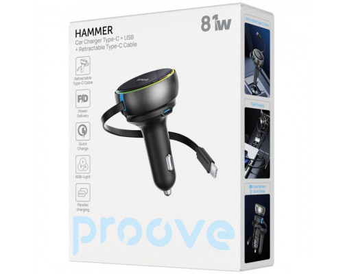 Автомобільний зарядний пристрій Proove Hammer 81W (Type-C + USB) + Retractable Type-C Cable Black (CCHR81110001)