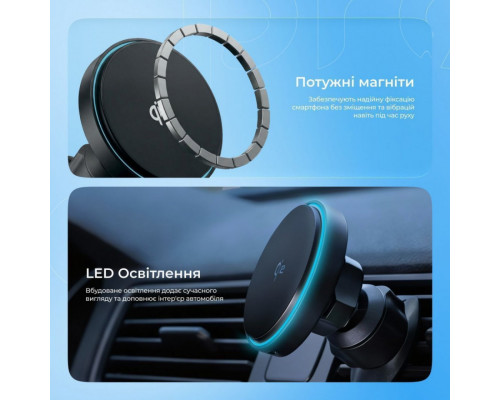 Автомобільний тримач з бездротовою зарядкою Proove Light Circle Qi2 15W Black (WHLC15010002)
