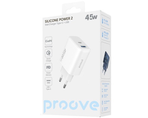 Сетевое зарядное устройство Proove Silicone Power 2 45W (Type-C+USB) White (WCSP24110002)