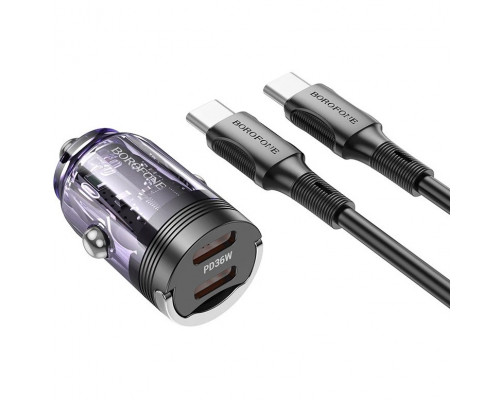 Автомобильное зарядное устройство Borofone BZ29B PD36W + Type-C to Type-C Transparent Purple